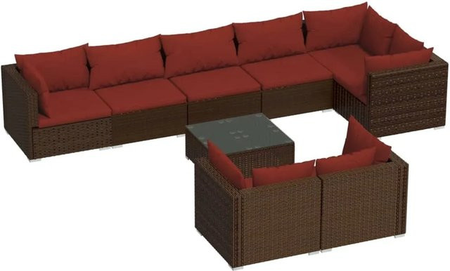 vidaXL 9-teiliges Garten-Lounge-Set in L-Form aus braunem Poly-Rattan mit Kissen und pulverbeschichtetem Stahlgestell - Bild 1