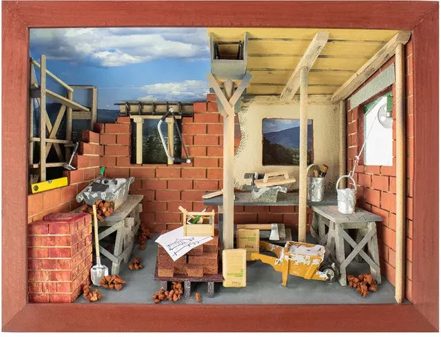3D-Wandbild Maurer in Braun, Schwarz und Multicolour aus Holz, rechteckig - Bild 1