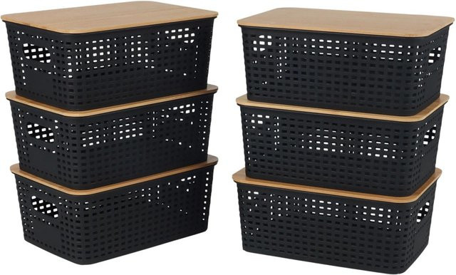Relaxdays Aufbewahrungsbox aus Kunststoff und Bambus in Schwarz, 6er-Pack mit Bambusdeckel, B/T/H: 25,5 x 10,5 x 18 cm - Bild 1