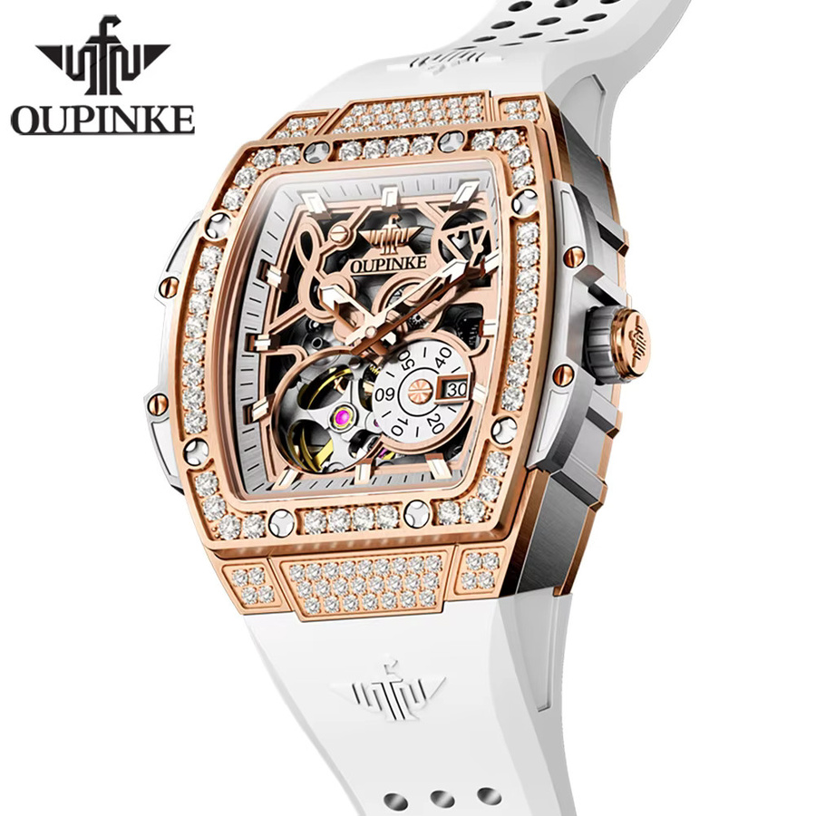 OUPINKE Armbanduhr, Automatik, Tonneau, Silikon, Weiß, Damen - Bild 5