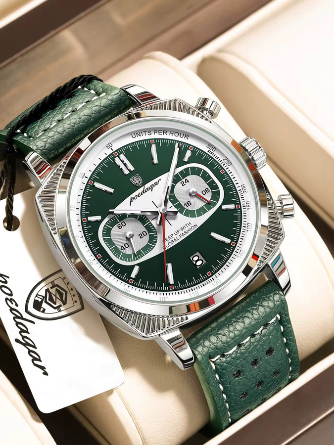 POEDAGAR Armbanduhr Chronograph, Quarz, Edelstahl, Leder, Silber, Herren - Bild 7