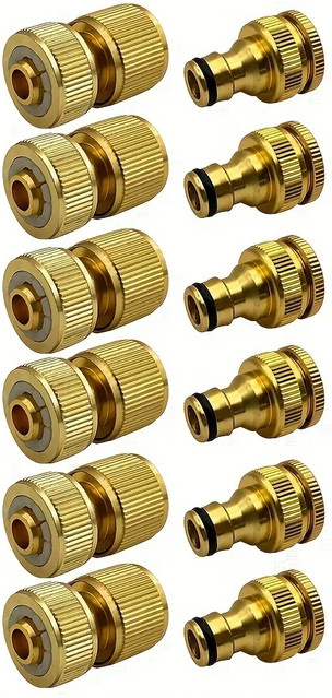 6/12-teiliges Aluminium-Gartenschlauch-Verbindungsset in Gold mit 1/2 Zoll Schnellanschluss und Wasserhahnanschlüssen für 13–16 mm Rohre - Bild 1