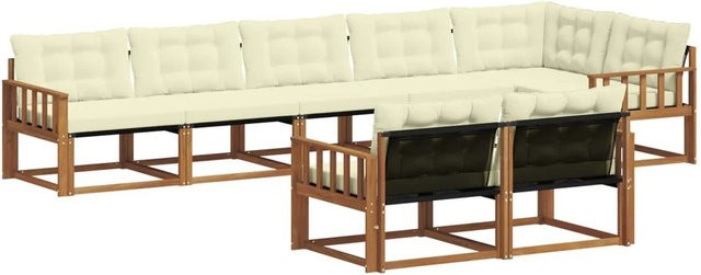 vidaXL Outdoor-Sofagarnitur 8-teilig aus Akazienholz in Natur mit Textilene und Kissen in Beige und Weiß - Bild 1