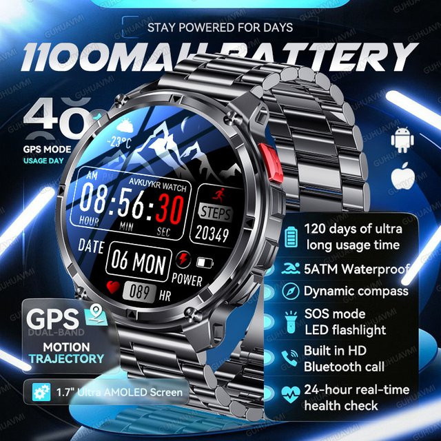 KAVSUMI Smartwatch mit GPS und Kompass, 1100 mAh Akku, 5 ATM wasserdicht, Militär-Sport-Tracker in Schwarz - Bild 1