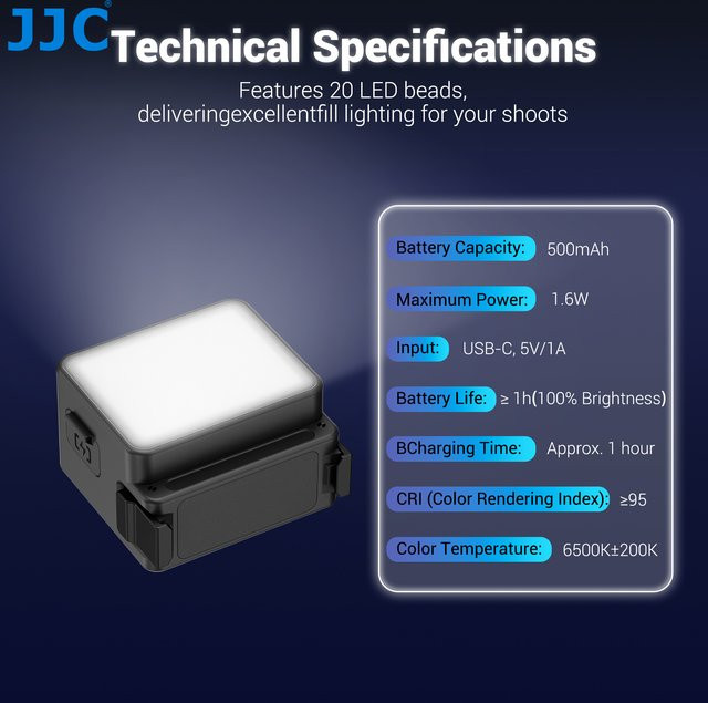 JJC Video-Vlog-LED-Licht für DJI Osmo Action 5 Pro, Action 4 und Action 3, IPX5 wasserdicht, Schwarz, 500mAh - Bild 1