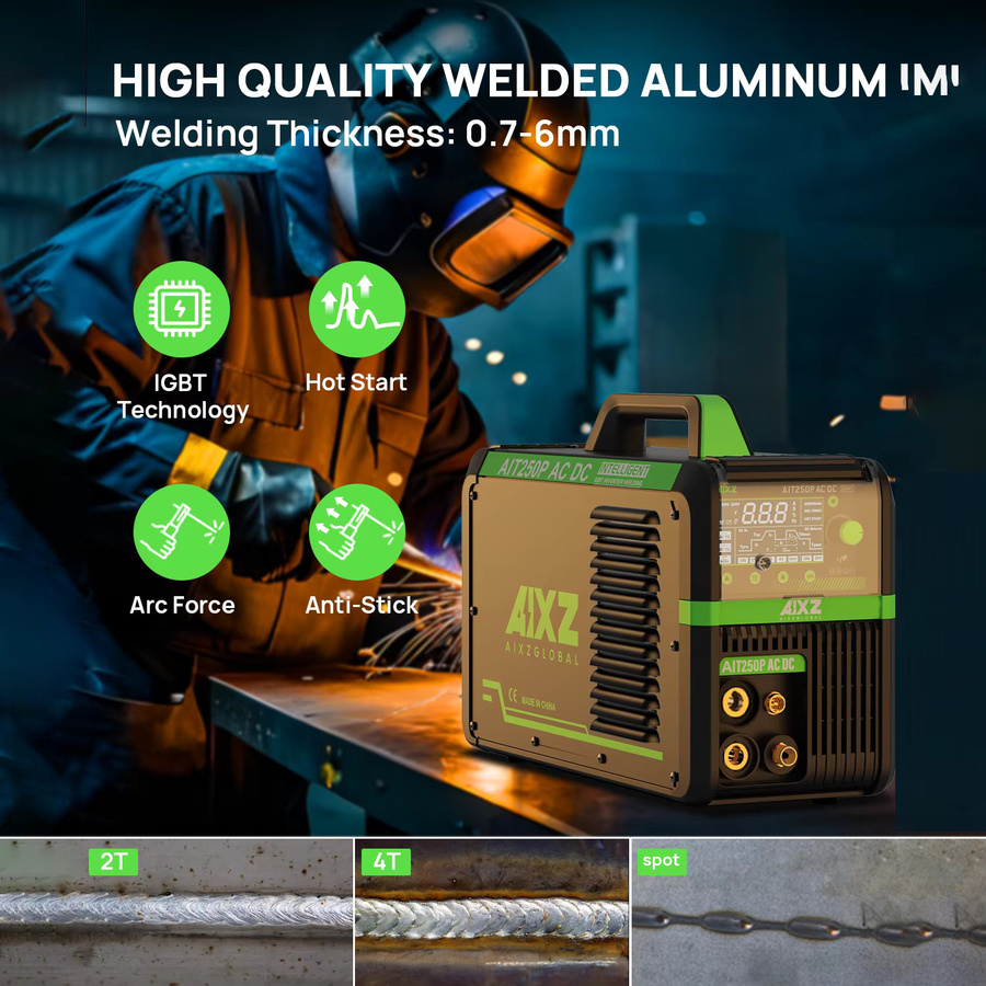 AIXZ AIT250P 5-in-1 Aluminium-Schweißgerät in Grün/Schwarz mit HF TIG, MMA, ARC, Argon Digital Pulse 2T/4T und IGBT-Technologie (220V AC DC) - Bild 4