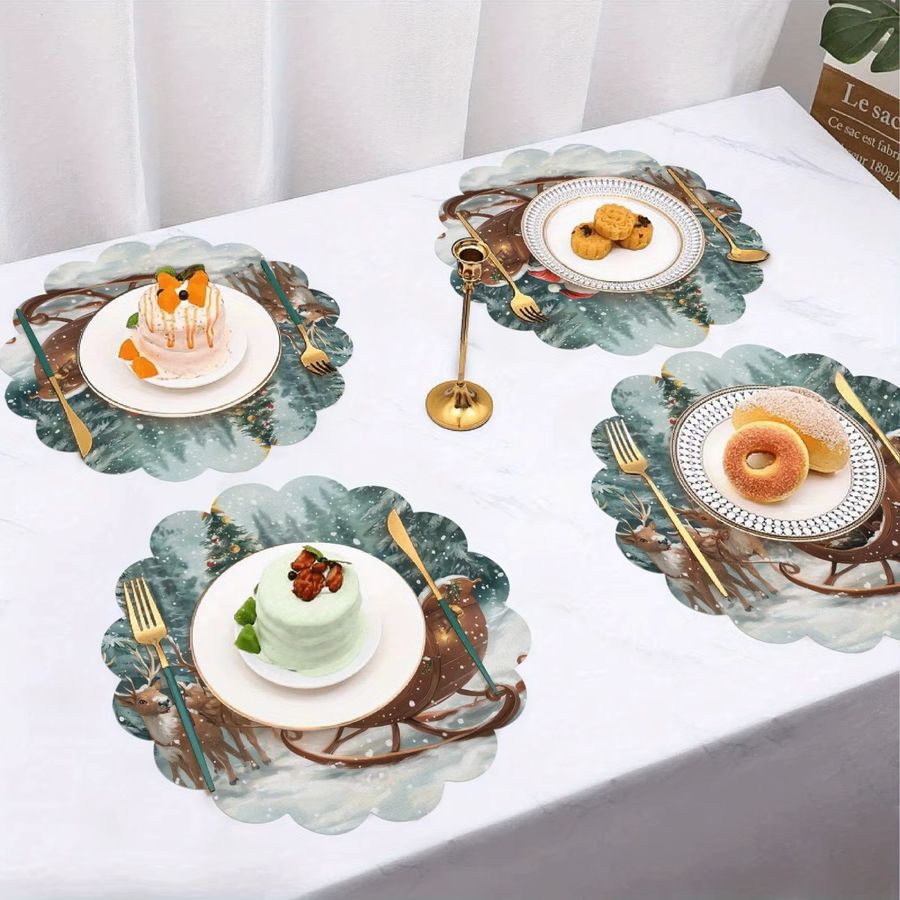 VIKAMA 4-teiliges Weihnachtsmann-Schlitten-Tischset mit Rentier-Schneeszene und Weihnachtsbaum zur Tischdekoration - Bild 3