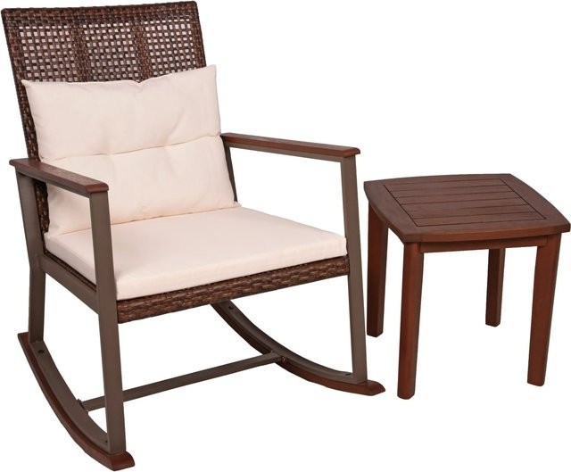 Garden Pleasure Schaukelstuhl-Set Sinaloa aus Eukalyptusholz in Dunkelbraun mit beigefarbenen Polstern - Bild 1