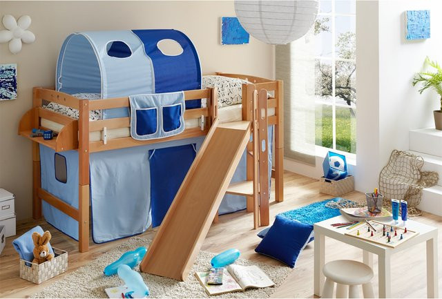 TiCAA Hochbett Tino mit Rutsche und Podest aus Buche Natur Classic in Braun - Bild 1