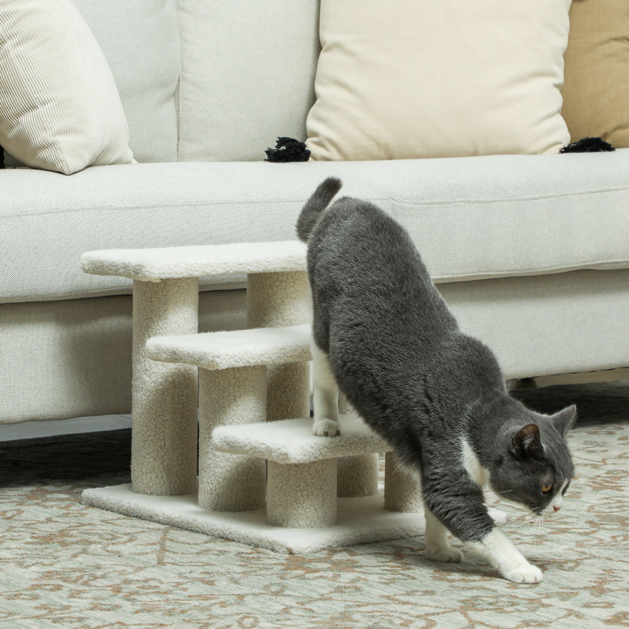 PawHut Katzentreppe mit 3 Stufen aus Plüsch in Beige von Aosom, B/T/H: 45 x 35 x 34 cm - Bild 2