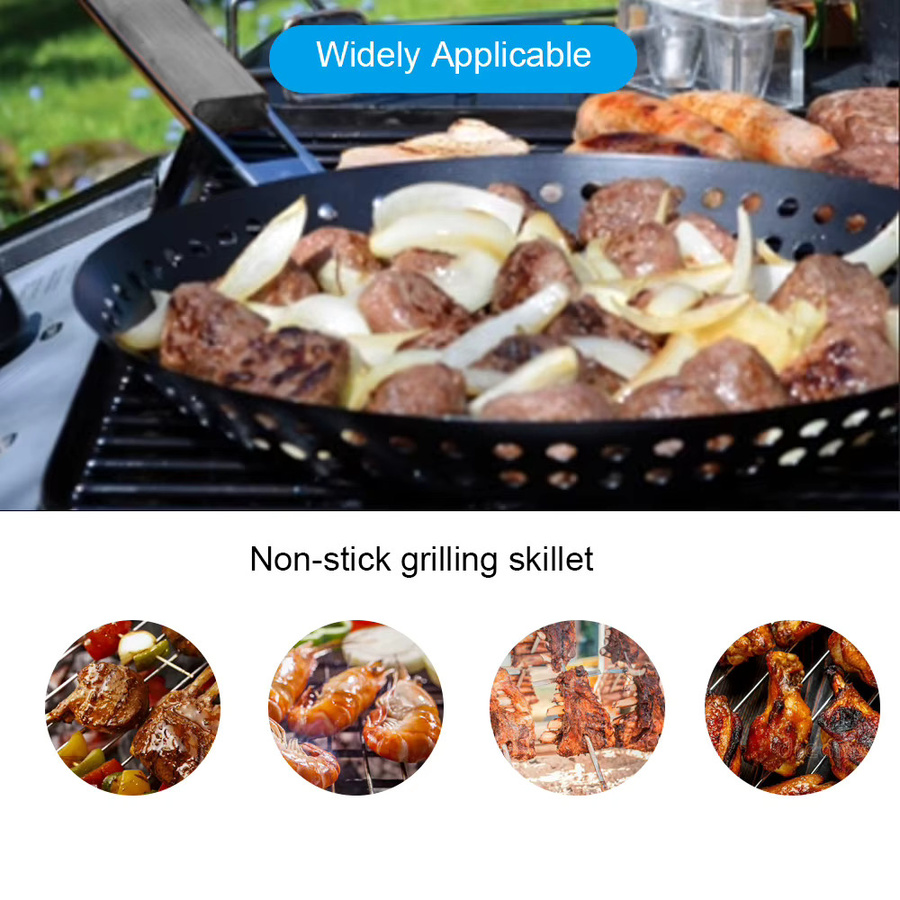 Antihaft Grillpfanne aus Metall mit klappbarem Holzgriff und abnehmbaren Löchern in Schwarz, Durchmesser: 30,5 cm - Bild 6