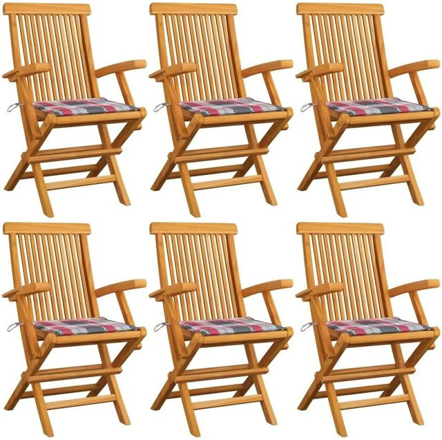 6er Set vidaXL Gartenstühle aus Teakholz mit roten Karomuster-Kissen in Braun und Rot - Bild 1