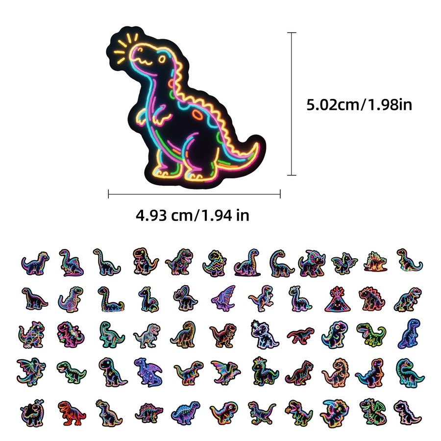 56 Stück Neon-Dinosaurier-Graffiti-Aufkleber im Dunkeln leuchtend, wasserfeste Aufkleber in Multicolour für Laptop, Skateboard und Tagebuch - Bild 3