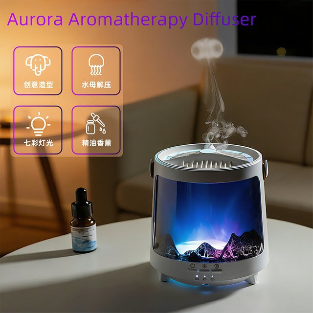 TENGKESi Aurora Quallen Aroma-Luftbefeuchter mit Flammen-Effekt und Sprühring in Weiß - Bild 1
