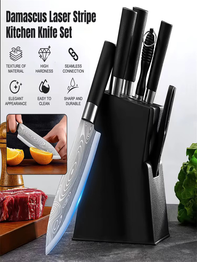 MDHAND Küchenmesser-Set aus Damaskus-Edelstahl mit Lasermuster in Schwarz, bestehend aus Kochmesser und Fleischbeil - Bild 5