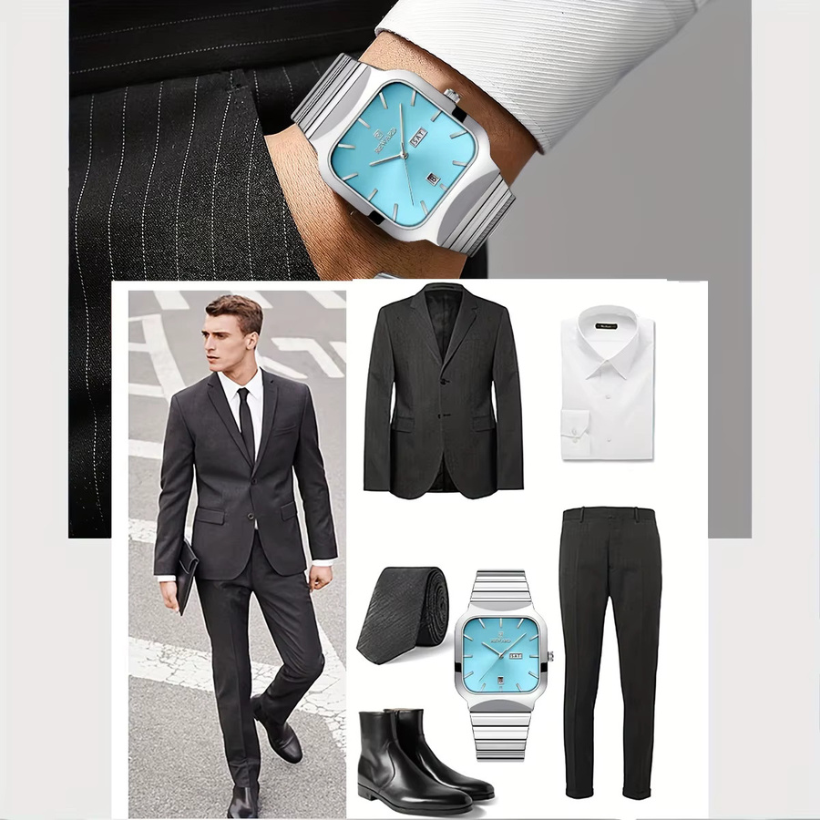 BELOHNUNG Armbanduhr, Quarz, Edelstahl, eckig, blau, Herren - Bild 5