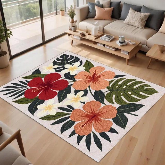 Lodestar Outdoor Teppich mit tropischem Hibiskus-Blumenmuster in Rot, Orange und Grün, B/T: 60 x 40 cm - Bild 1