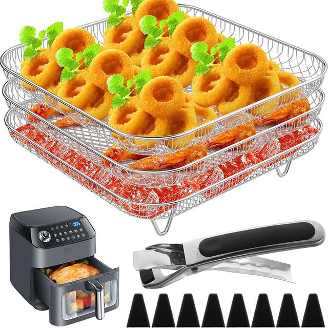 3-lagiger stapelbarer Airfryer-Grill-Backständer für Philips, COSORI und Ninja Foodi, 8-Zoll-Quadrat-Luftfritteusen-Zubehör in Silber - Bild 1