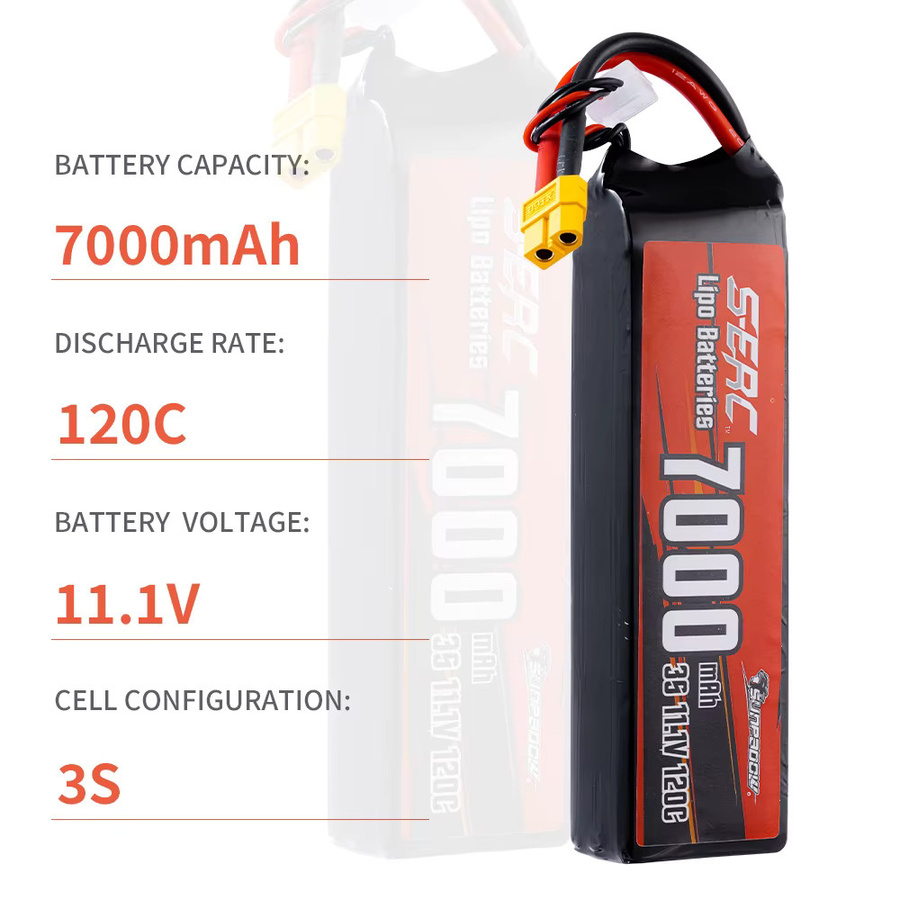 SUNPADOW RC Lipo-Akku 7000mAh 3S 11,1V mit 120C und XT60-Anschluss in Schwarz für RC-Flugzeuge, Quadcopter, Drohnen und Helikopter - Bild 2