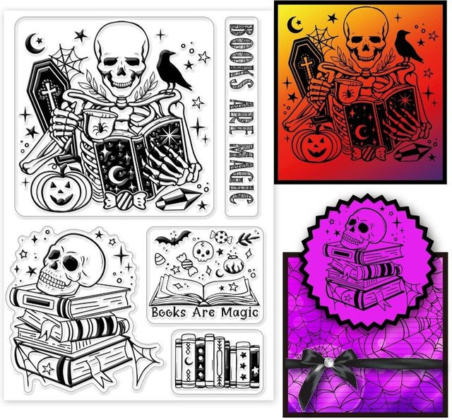 Transparenter Silikonstempel mit Halloween Skelett und magischen Büchern für DIY Scrapbooking - Bild 1