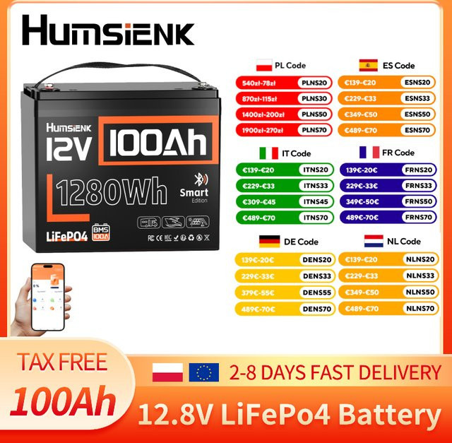 Humsienk Bluetooth LiFePO4 12V 100Ah Deep-Cycle-Batterie mit 100A BMS in Schwarz - Bild 1