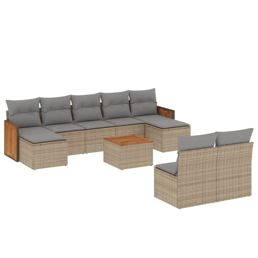 vidaXL 10-tlg. Garten-Sofagarnitur in U-Form aus Poly-Rattan und Akazienholz mit Kissen in Beige - Bild 2