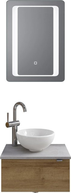 Pelipal Badmöbel-Set Serie 6915 Riviera Eiche-Oxid Hellgrau mit Waschtischunterschrank, Waschtischplatte, Keramik Aufsatzbecken und Funktionsspiegel mit LED-Beleuchtung und Sensor-Schalter, Breite: 51 cm - Bild 1