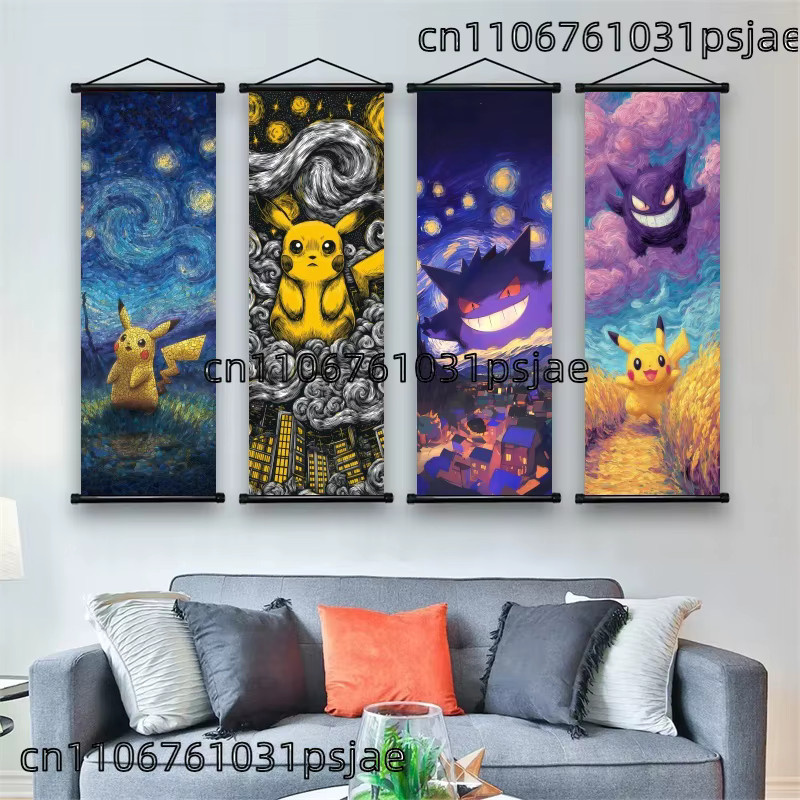 TAKARA TOMY Pokémon Wandbehang aus Textil im Starry Night Stil mit Bulbasaur, Pikachu und Charmander, mehrfarbig - Bild 1
