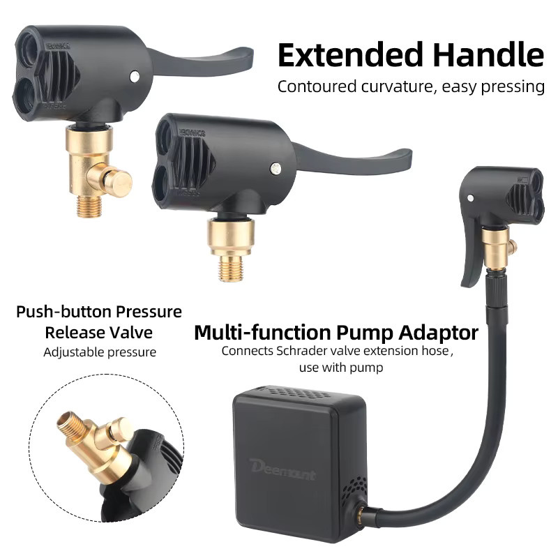 DEEMOUNT 2-in-1 Doppelkopf-Adapter für FV/AV-Ventile mit Luftschlauch und Tire Quick Inflator in Schwarz - Bild 3