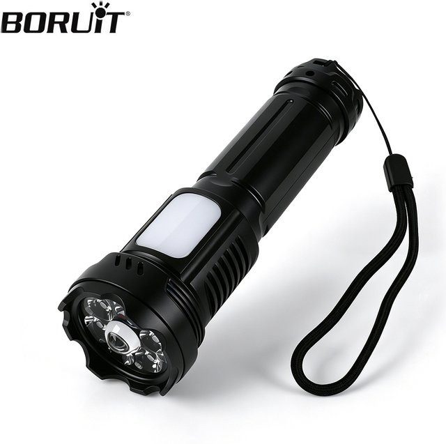 BORUiT USB wiederaufladbare Taschenlampe mit 500 lm, tragbare Handtaschenlampe mit Seitenlicht und Digitalanzeige in Schwarz - Bild 1