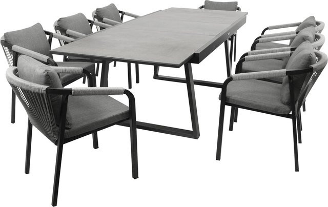 DEGAMO Gartenmöbel Garnitur REIMS 9-teilig in Grau mit Ausziehtisch aus Alu, Glas und Rope - Bild 1