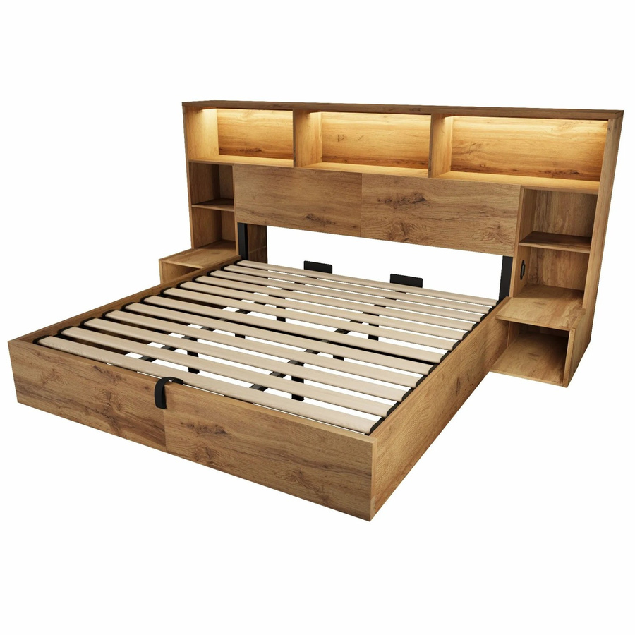 Merax Systembett mit Hydraulik, LED und USB-C in Eiche und Braun, B/T/H: 180 x 200 x 254 cm - Bild 2