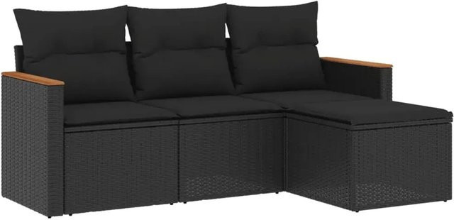 vidaXL 4-tlg. Garten-Sofagarnitur in L-Form aus Polyrattan und Akazienholz in Schwarz mit Kissen und Stauraum - Bild 1