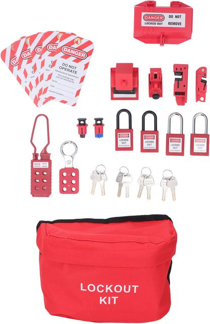 Qiilu Lockout Tagout Kit mit elektrischer Verriegelung, Sicherheits-Hasps, Plug Lockout, LOTO-Schlössern, Tags und Aufbewahrungstasche in Rot - Bild 1