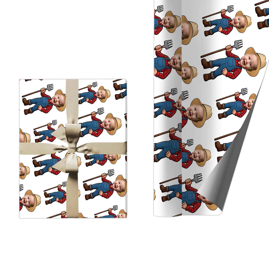 Personalisierbares Geschenkpapier mit Bauernhof-Cartoon-Motiv für Kindergeburtstage, Mehrfarbig - Bild 1