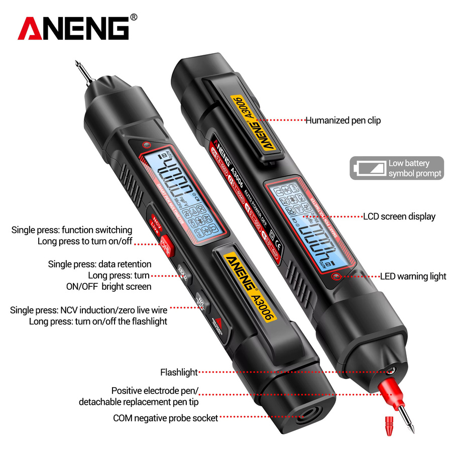 ANENG A3006 Stiftförmiges Digitalmultimeter in Schwarz mit 4000 Anzeigen für AC/DC Spannung, Widerstand, Kapazität und Diodentest - Bild 5