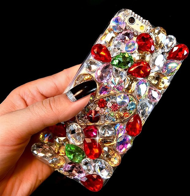 Glitzer Strass Handyhülle von Songxiu Technology für iPhone in Rot mit bunten Kristall Edelsteinen und 3D Bling Juwelen - Bild 1