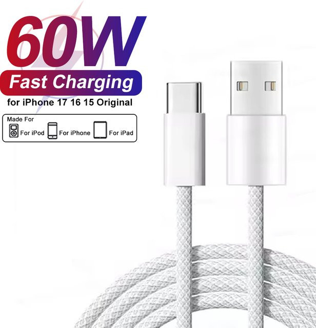Keai USB-C-Ladekabel mit 60 W Schnellladung für iPhone 16 15 17 Pro Max in Weiß, geflochtene USB auf Typ-C Datenleitung - Bild 1