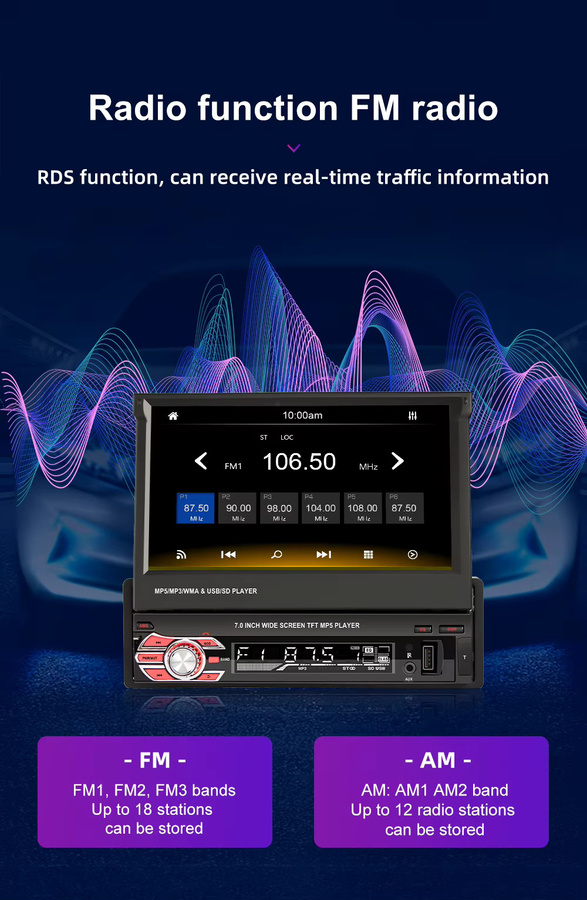 ESSGOO 7 Zoll Single DIN Universal Autoradio mit ausfahrbarem Touchscreen, Bluetooth, MP5 Player, Carplay und Mirror Link, Schwarz - Bild 4