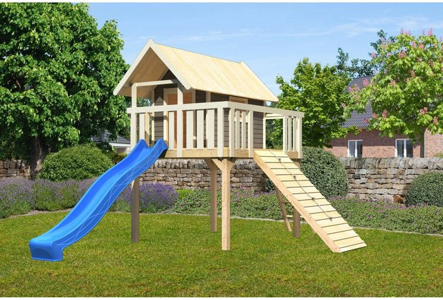 Karibu Stelzenhaus Fidel Set in Terragrau mit blauer Wellenrutsche und Holzrampe, B/H/T: 198 x 329,5 x 243 cm - Bild 1