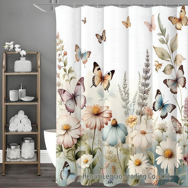 Shopping Party Duschvorhang mit Schmetterlingsblumen-Design, wasserdicht und schimmelresistent, Polyester, Mehrfarbig, inklusive 12 Haken - Bild 1