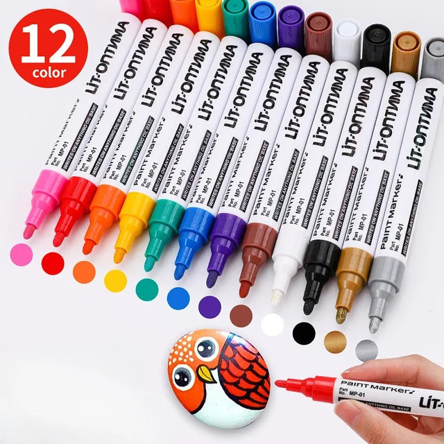 Kissbuty Permanent-Farbmarker Set mit 12 Farben, wasserfeste Markierungsstifte für Reifenprofil, Gummi, Stoff und Metall, Farbe: Weiß und Mehrfarbig - Bild 1