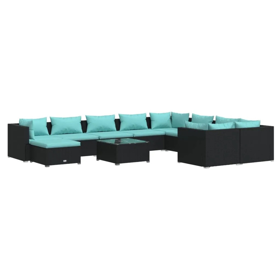 vidaXL 11-tlg. Garten-Lounge-Set aus Poly-Rattan in Schwarz mit blauen Kissen und Metallgestell - Bild 2