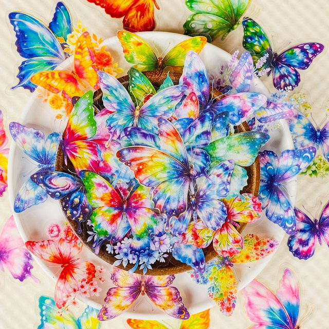 56 Stück Aquarell Schmetterlings PET Aufkleber mit Regenbogen Farbverlauf in Multicolour zur Dekoration von Briefpapier und Kunstprojekten - Bild 1