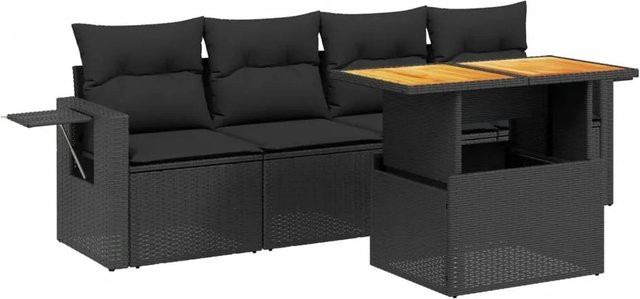 vidaXL 5-tlg. Garten-Sofagarnitur aus Poly-Rattan und Akazienholz in Schwarz mit Kissen und Tisch - Bild 1