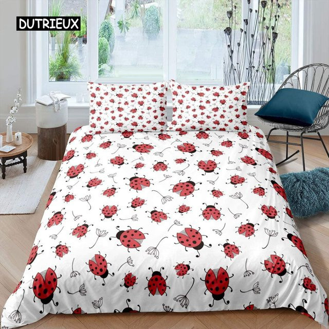 Bettwäsche-Set mit Marienkäfer-3D-Druck von Binchi Outdoor Product, weiches Mikrofaser-Bettbezug-Set für Kinder, Farbe Weiß, B/H: 180 x 210 cm - Bild 1
