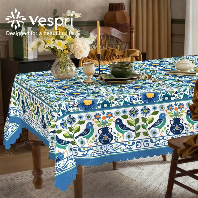 Vespri Frühlingstischdecke mit Blumenmuster und Vögeln in Blau und Weiß aus Polyester für Ostern und Partys - Bild 1