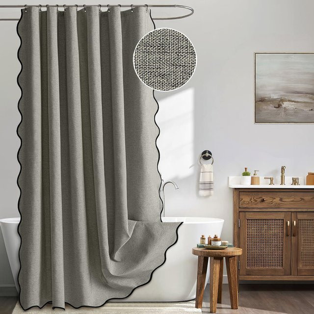 Wasserdichter Duschvorhang in Leinenoptik mit Wellenrand, Grau/Schwarz, B/H: 180 x 180 cm - Bild 1