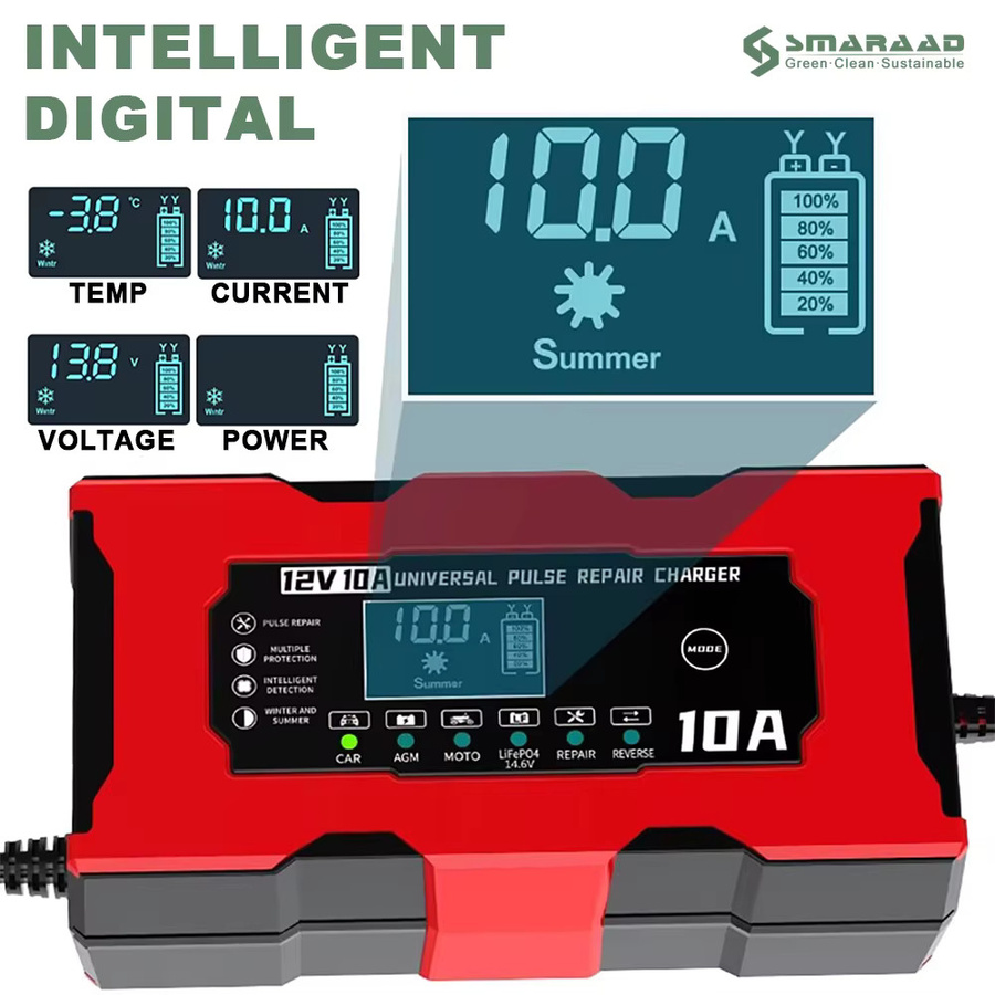 SMARAAD Intelligentes 12V 10A Batterieladegerät für Kfz-Batterien in Rot, geeignet für Blei-Säure, Lithium-Eisen, AGM und GEL Batterien mit Schnellladefunktion und Wartungsmodus - Bild 3
