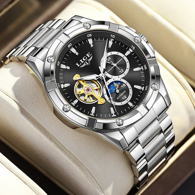 LIGE Armbanduhr Automatik, Edelstahl, Schwarz, Herren - Bild 1